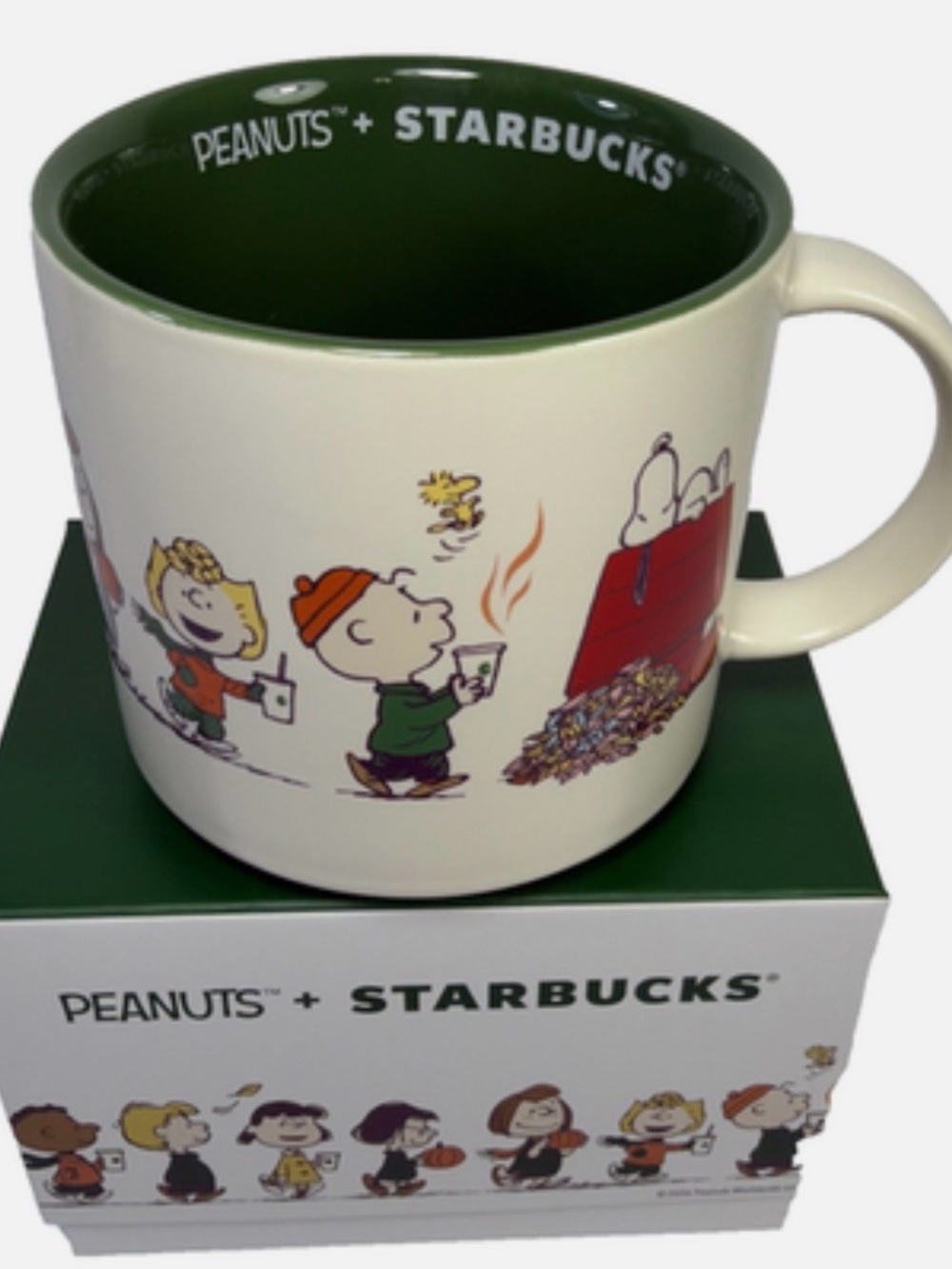 Starbucks Peanuts Ceramic Mug — Cream Exterior with Green Interior